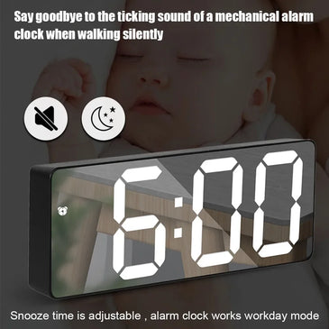 Smart Alarm Clock Bedside Table Led Alarm Clock Digital Children's Electronic Alarm Clock Curved Screen Mirror Temperature